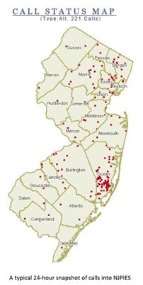 NJ Poison Center Call Status Map - dots on map of NJ representing calls to poison center