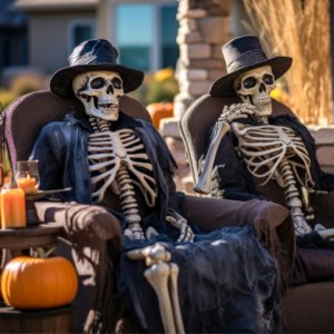 Two skeletons sitting on chairs in front of a house with pumpkins and Halloween decorations