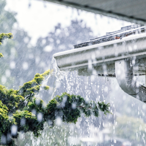 Water pouring down a gutter of a house during an intense rainstorm. (Willowpix | Getty Images Signature)