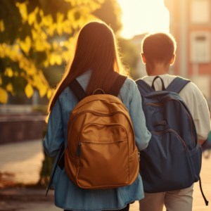 Two elementary-aged students with their backpacks on walking together towards their school's entrance.