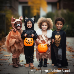 Four young children dressed in Halloween costumes with two of the children holding pumpkin buckets