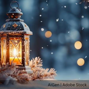 A lighted Christmas lantern on snow