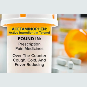 A prescription pill bottle with a few loose pills near it. Text on the medicine label: Acetaminophen active ingredient in Tylenol. Found in prescription pain medicines, and over-the-counter cough, cold, and fever reducing medicines. 