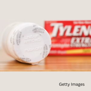A bottle of Tylenol laying on its side showing the top of the cap.