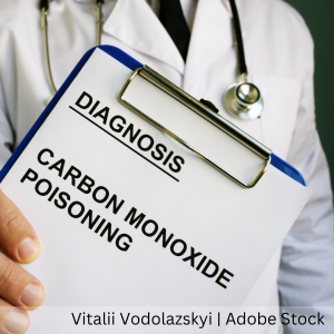 A doctor holding up a clipboard saying diagnosis carbon monoxide poisoning.