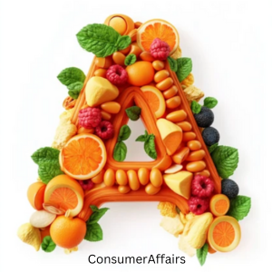 The letter A decorated with orange slices, blueberries, raspberries, and mint leaves on the top and sides of the letter.