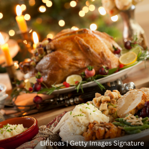 Thanksgiving dinner with turkey and mashed potatoes. 