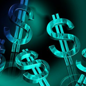 Multiple glowing dollar signs on a dark, abstract background.