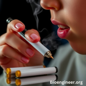 Close‑up of a person holding and inhaling from an e‑cigarette, with several traditional cigarettes visible below, illustrating vaping and nicotine use.