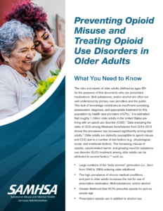 Cover page of a SAMHSA publication titled “Preventing Opioid Misuse and Treating Opioid Use Disorders in Older Adults,” featuring an image of two adults together on the left and text describing risks, prevention, and treatment on the right.
