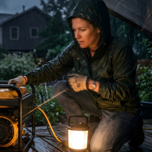 Person outdoors in rainy weather connecting a portable generator beside a lantern during a power outage.