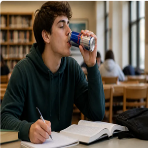 A student drinks an energy drink and writes in a notebook at a library table.