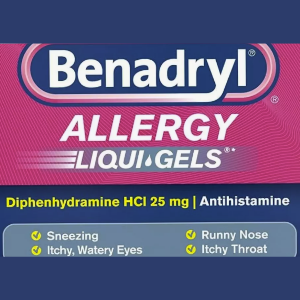 A box of Benadryl Allergy Liqui-Gels pills.
